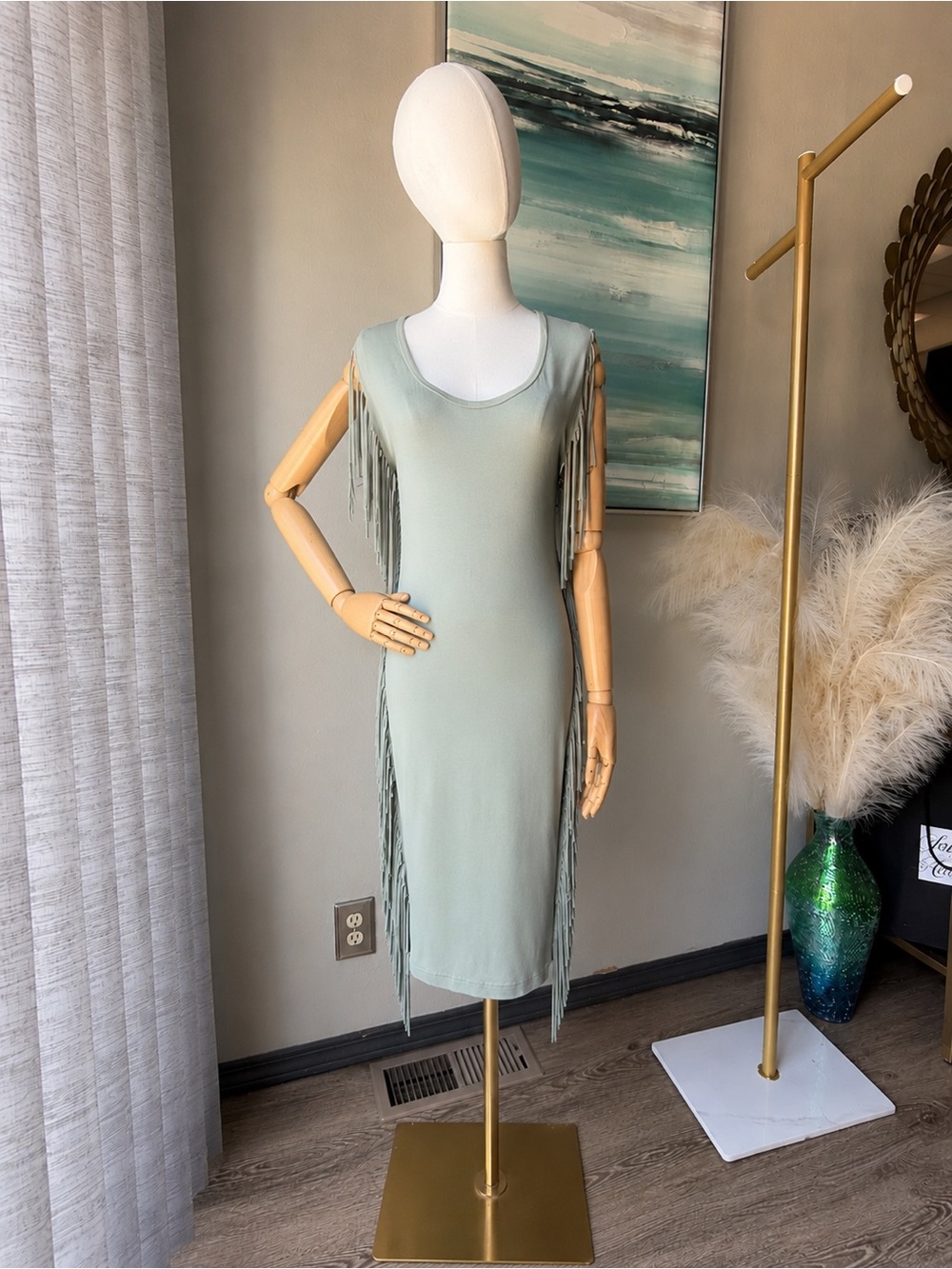 Venus Sleeveless Fringe Midi Dress in Sage Green